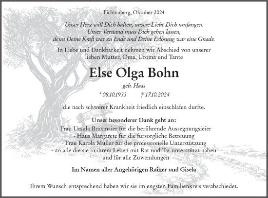 Traueranzeige von Else Olga Bohn von Rundschau Gaildorf