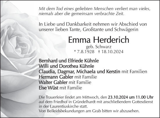 Traueranzeige von Emma Herderich von Hohenloher Tagblatt