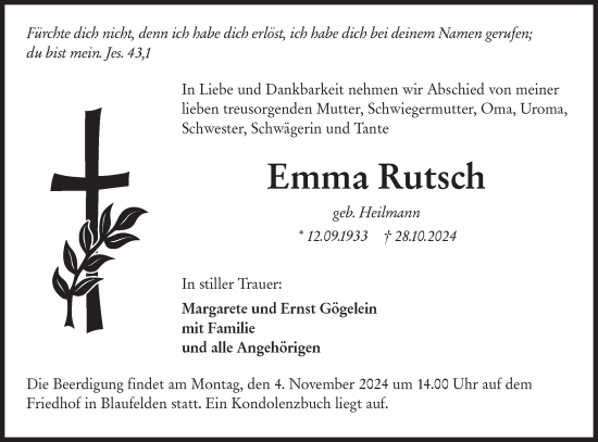 Traueranzeige von Emma Rutsch von Hohenloher Tagblatt