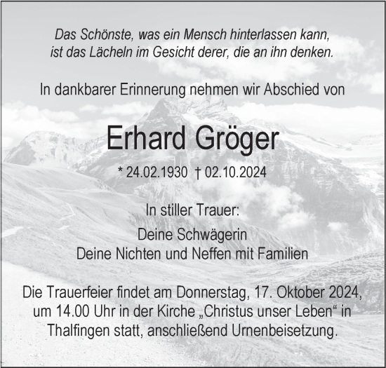 Traueranzeige von Erhard Gröger von SÜDWEST PRESSE Ausgabe Ulm/Neu-Ulm/Neu-Ulmer Zeitung