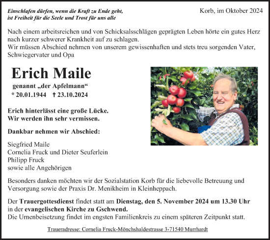 Traueranzeige von Erich Maile von Rundschau Gaildorf