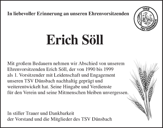 Traueranzeige von Erich Söll von Hohenloher Tagblatt