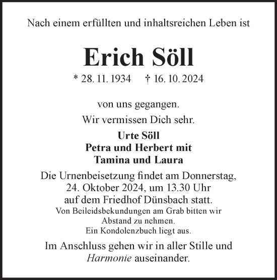 Traueranzeige von Erich Söll von Hohenloher Tagblatt