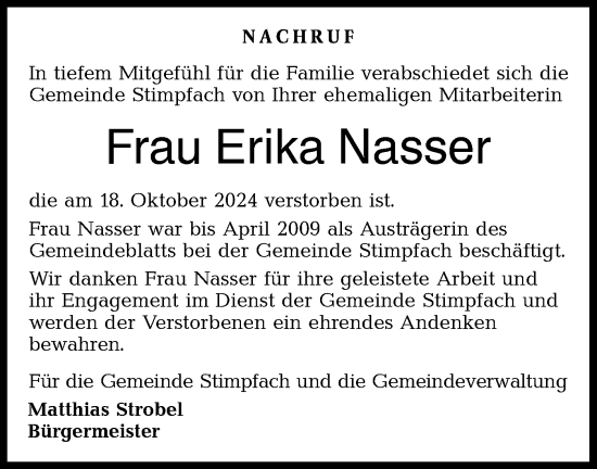 Traueranzeige von Erika Nasser von Hohenloher Tagblatt