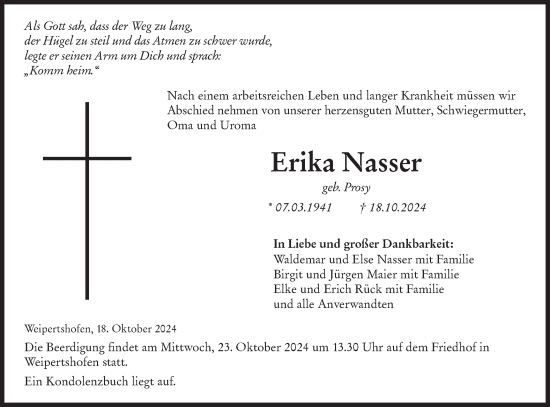 Traueranzeige von Erika Nasser von Hohenloher Tagblatt