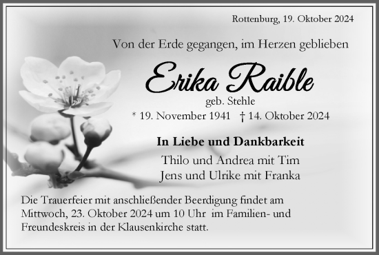 Traueranzeige von Erika Raible von Schwäbische Tagblatt