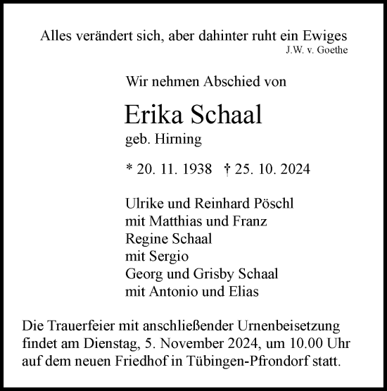 Traueranzeige von Erika Schaal von Schwäbische Tagblatt