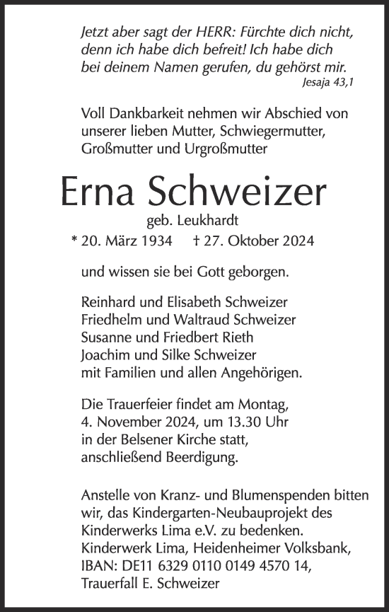 Traueranzeige von Erna Schweizer von Schwäbische Tagblatt