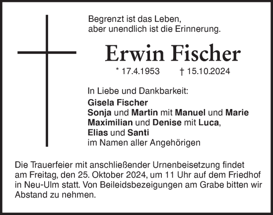 Traueranzeige von Erwin Fischer von SÜDWEST PRESSE Ausgabe Ulm/Neu-Ulm