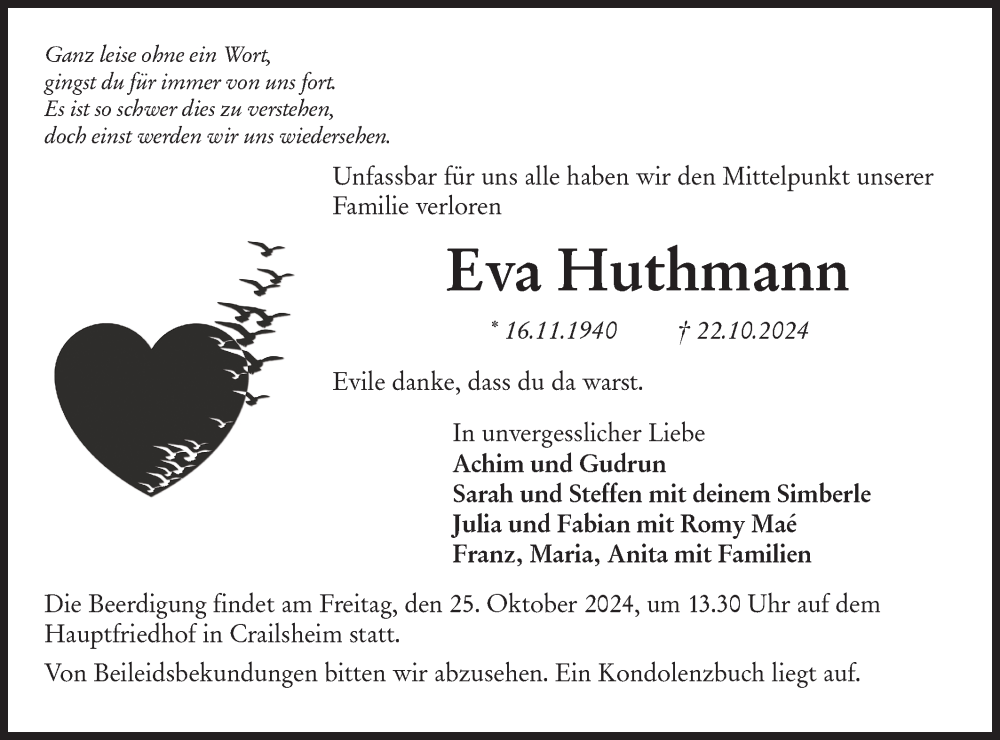  Traueranzeige für Eva Huthmann vom 24.10.2024 aus Hohenloher Tagblatt