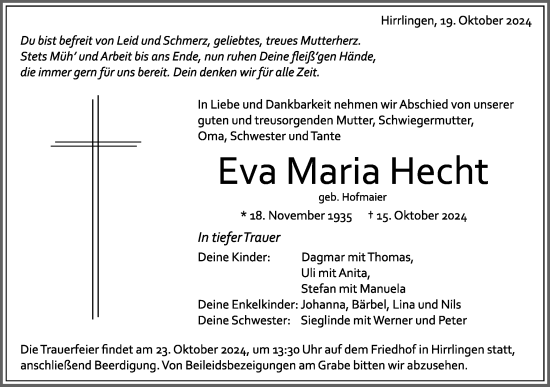 Traueranzeige von Eva Maria Hecht von Schwäbische Tagblatt