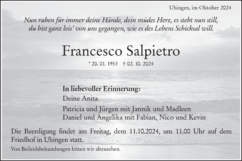  Traueranzeige für Francesco Salpietro vom 08.10.2024 aus NWZ Neue Württembergische Zeitung