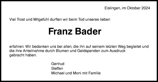 Traueranzeige von Franz Bader von NWZ Neue Württembergische Zeitung