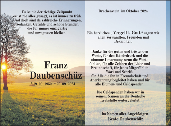 Traueranzeige von Franz Daubenschüz von NWZ Neue Württembergische Zeitung/Geislinger Zeitung