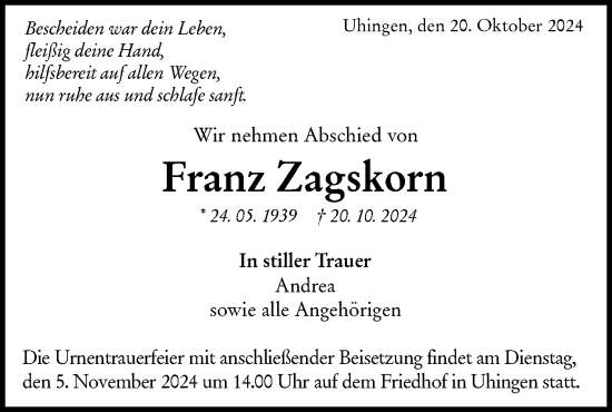 Traueranzeige von Franz Zagskorn von NWZ Neue Württembergische Zeitung