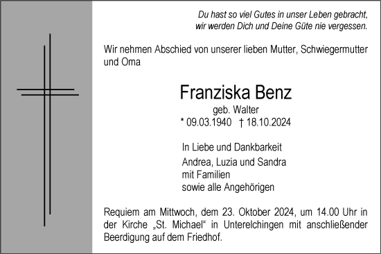 Traueranzeige von Franziska Benz von SÜDWEST PRESSE Ausgabe Ulm/Neu-Ulm