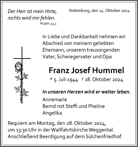 Traueranzeige von Franz Josef Hummel von Schwäbische Tagblatt