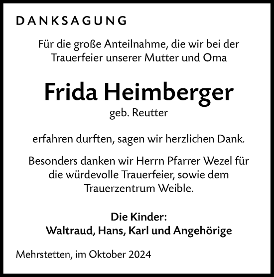 Traueranzeige von Frida Heimberger von Alb-Bote/Ehinger Tagblatt