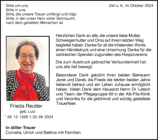 Traueranzeige von Frieda Reutter von NWZ Neue Württembergische Zeitung