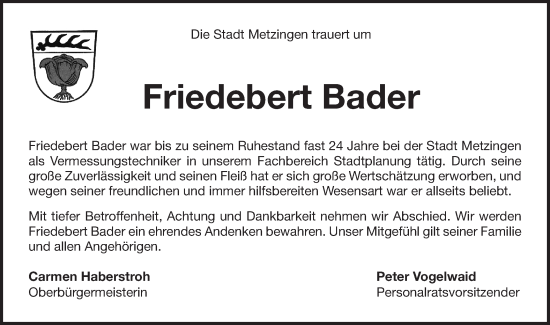 Traueranzeige von Friedebert Bader von Alb-Bote/Metzinger-Uracher Volksblatt