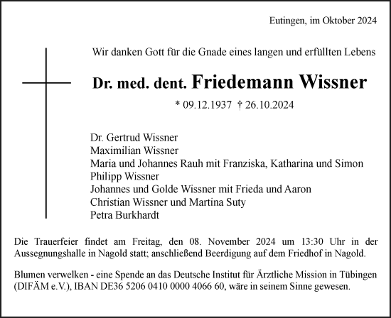 Traueranzeige von Friedemann Wissner von Schwäbische Tagblatt