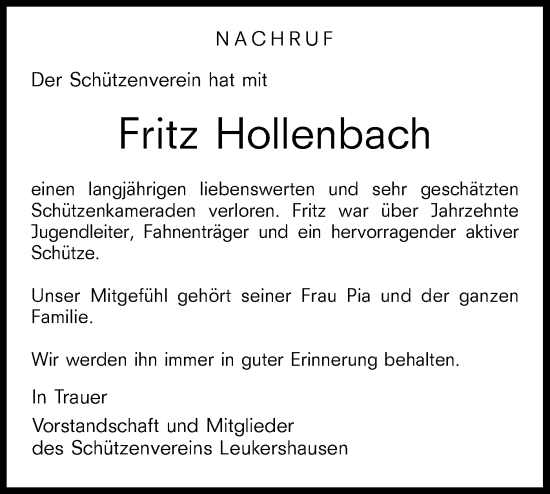 Traueranzeige von Fritz Hollenbach von Hohenloher Tagblatt