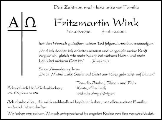 Traueranzeige von Fritzmartin Wink von Haller Tagblatt