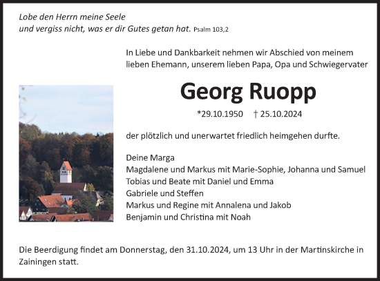 Traueranzeige von Georg Ruopp von Alb-Bote/Metzinger-Uracher Volksblatt