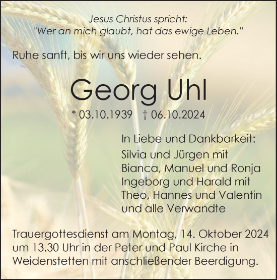 Traueranzeige von Georg Uhl von SÜDWEST PRESSE Ausgabe Ulm/Neu-Ulm