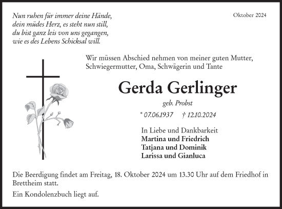 Traueranzeige von Gerda Gerlinger von Hohenloher Tagblatt