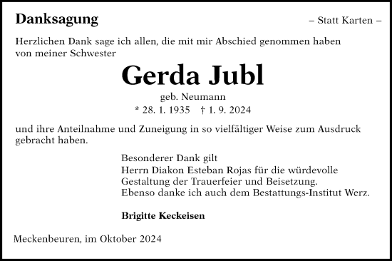 Traueranzeige von Gerda Jubl von Alb-Bote/Metzinger-Uracher Volksblatt