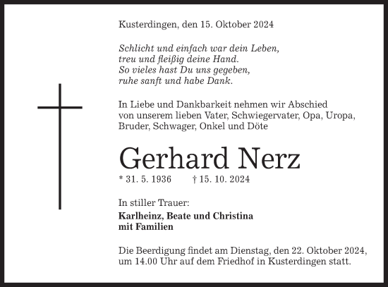 Traueranzeige von Gerhard Nerz von Schwäbische Tagblatt