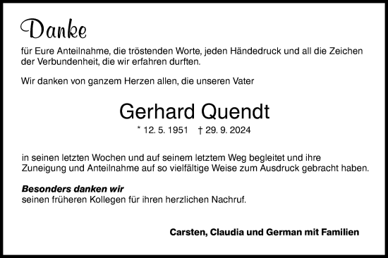 Traueranzeige von Gerhard Quendt von Haller Tagblatt/Hohenloher Tagblatt