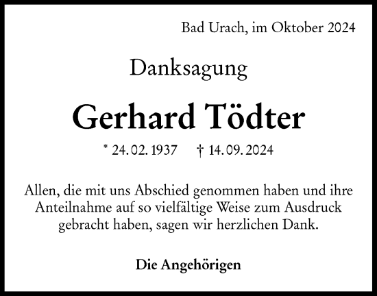 Traueranzeige von Gerhard Tödter von Alb-Bote/Metzinger-Uracher Volksblatt