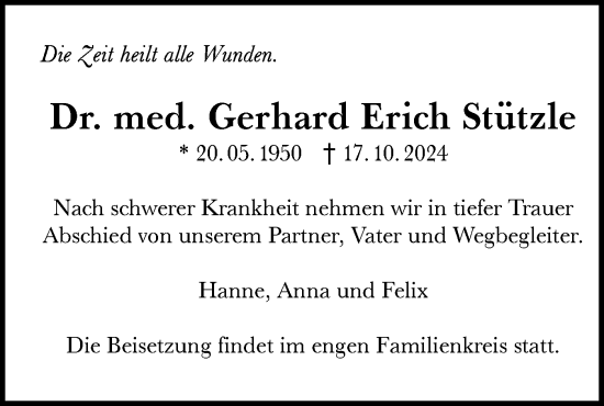 Traueranzeige von Gerhard Erich Stützle von Schwäbische Tagblatt