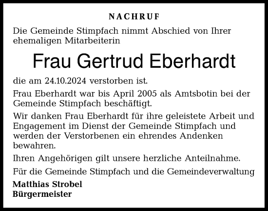 Traueranzeige von Gertrud Eberhardt von Hohenloher Tagblatt