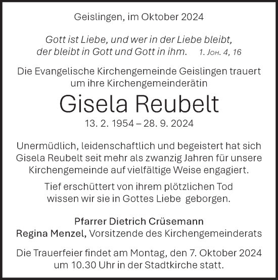 Traueranzeige von Gisela Reubelt von Geislinger Zeitung