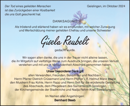 Traueranzeige von Gisela Reubelt von Geislinger Zeitung