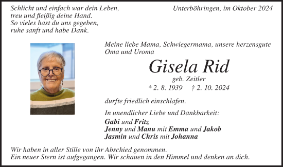 Traueranzeige von Gisela Rid von Geislinger Zeitung