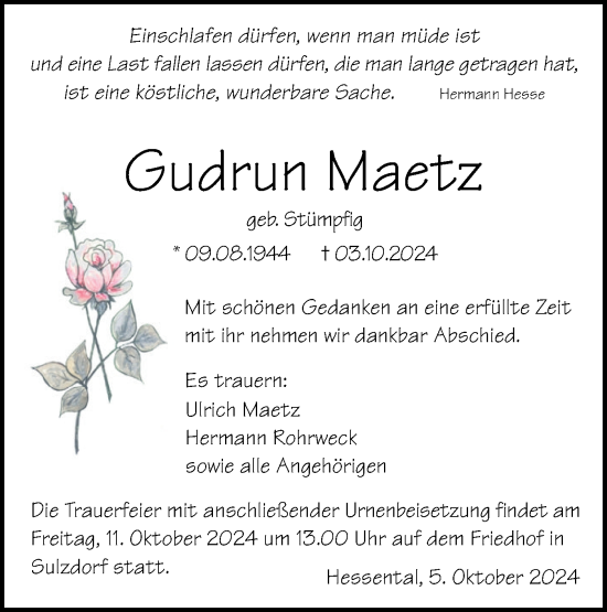 Traueranzeige von Gudrun Maetz von Haller Tagblatt