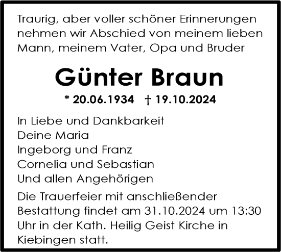 Traueranzeige von Günter Braun von Schwäbische Tagblatt