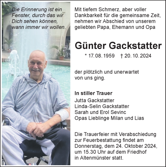 Traueranzeige von Günter Gackstatter von Hohenloher Tagblatt