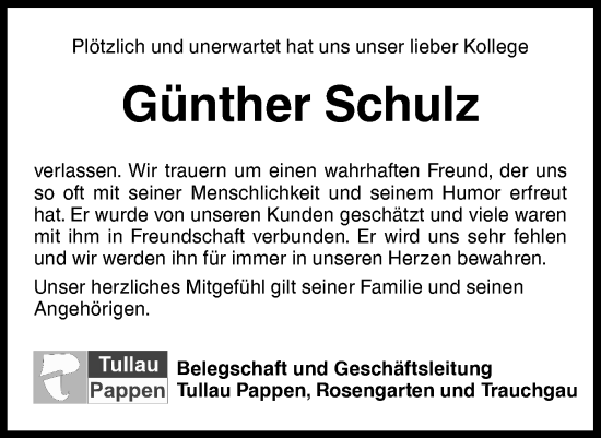 Traueranzeige von Günther Schulz von Haller Tagblatt