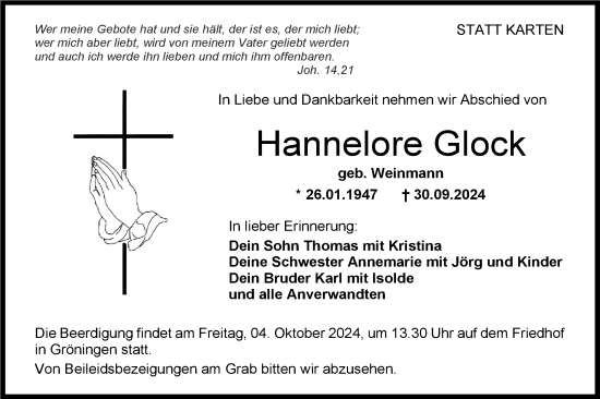 Traueranzeige von Hannelore Glock von Hohenloher Tagblatt