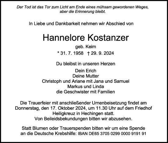 Traueranzeige von Hannelore Kostanzer von SÜDWEST PRESSE Zollernalbkreis/Hohenzollerische Zeitung