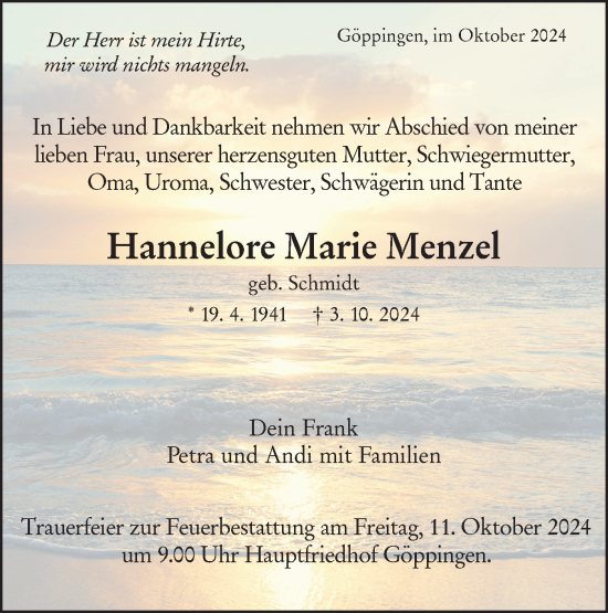 Traueranzeige von Hannelore Marie Menzel von NWZ Neue Württembergische Zeitung