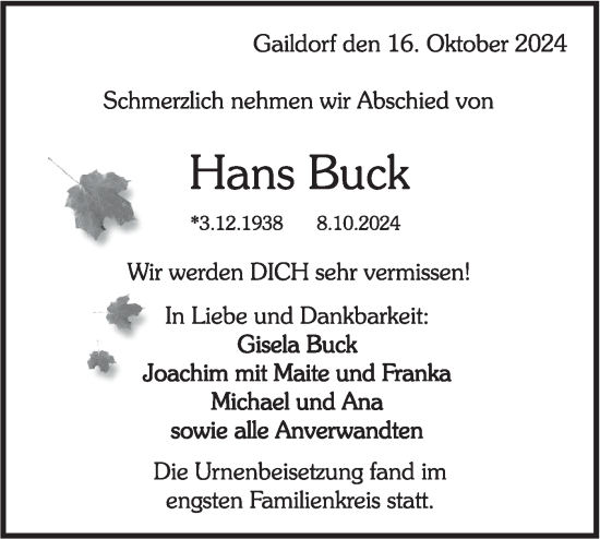 Traueranzeige von Hans Buck von Rundschau Gaildorf