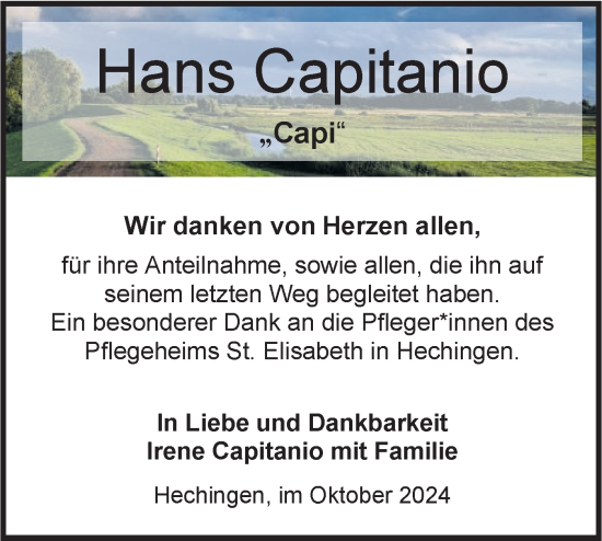 Traueranzeige von Hans Capitanio von SÜDWEST PRESSE Zollernalbkreis/Hohenzollerische Zeitung