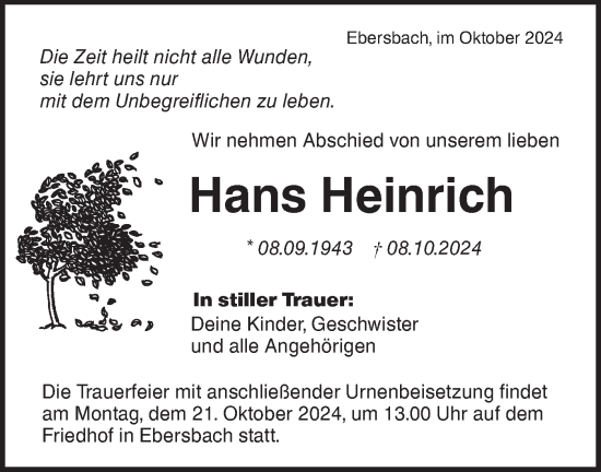 Traueranzeige von Hans Heinrich von NWZ Neue Württembergische Zeitung