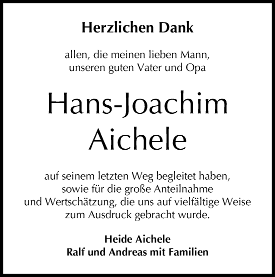 Traueranzeige von Hans-Joachim Aichele von Schwäbische Tagblatt